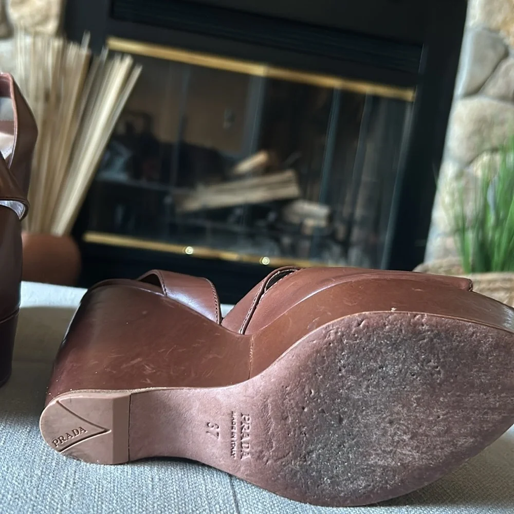 Prada Asymmetric Calfskin Wedge Sandal, Brown
